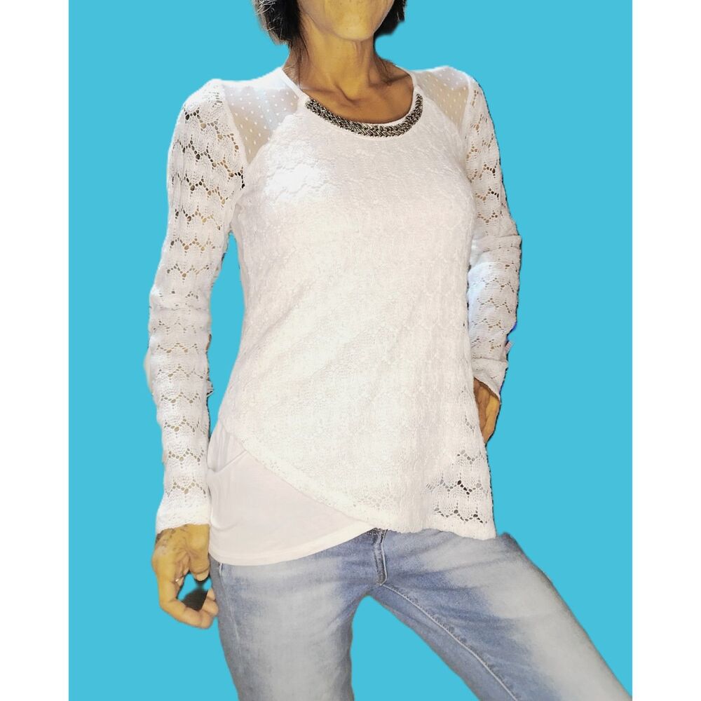 White Cleopatra Long Sleeve Crossover Top ~ XS ~ Silver Accents